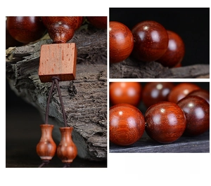 Macro detail of polished Brazilian Rosewood beads showing natural wood grain and texture