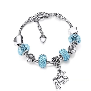 Silver unicorn charm bracelet for kids with light blue beads and heart star pendants
