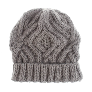 Close-up of the diamond lattice pattern on the soft grey chunky knit winter hat for women