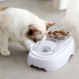 Doppia ciotola minimalista per gatti con funzione anti-ingozzamento, base bianca e vaschette trasparenti