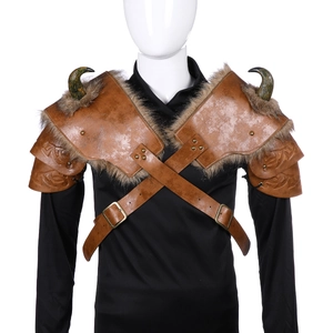 Viking PU leather shoulder armor with faux fur and resin horns for Halloween costumes