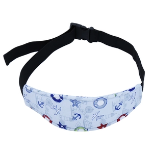 Detail of adjustable toddler car seat head support belt with blue marine patterns