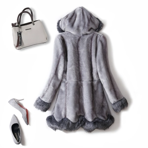 Detailed back view of a grey faux fur hooded coat with contrasting dark plush trimming