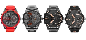 Collection of four oversized multi-timezone men's watches with steel and silicone straps