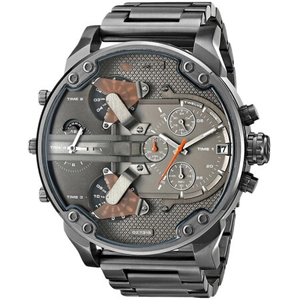 Macro shot of gunmetal stainless steel case and four independent time zone dials