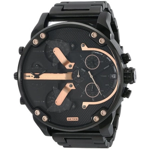 Close-up of DZ7312 men's watch featuring four time zones and a black metal strap