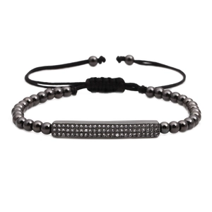 Bracciale nero da uomo con barra rettangolare in zirconi e cordino intrecciato regolabile