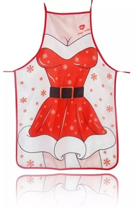Détail du tablier de Noël avec imprimé jupe rouge et texte Merry Christmas festif
