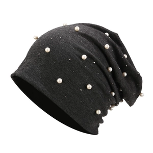 Slouchy dark grey cotton beanie for women with elegant pearls and sparkling rhinestones
