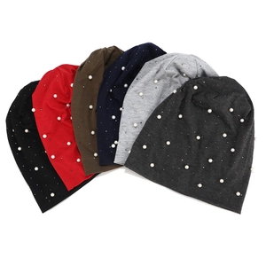 Women's cotton beanie hats with pearls and rhinestones in six various colors