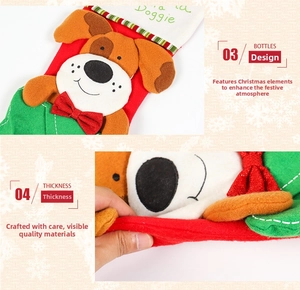 Close-up of thick festive Christmas stocking with 3D cartoon dog and Doggie text