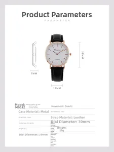 Detailed specifications of slim quartz watch with leather strap and 39mm case size