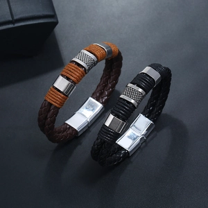 Dual-strand braided leather bracelets for men with magnetic stainless steel clasps