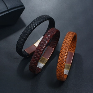Braided leather bracelets in black and brown with vintage magnetic metal clasps