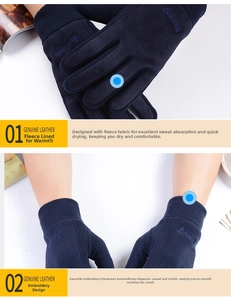 Détail de gants d'hiver chauds en polaire bleu marine avec broderie Boniang et doublure