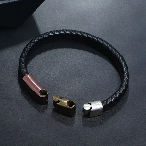 Braided black leather men's bracelet with vintage bronze, brass and silver metal clasps