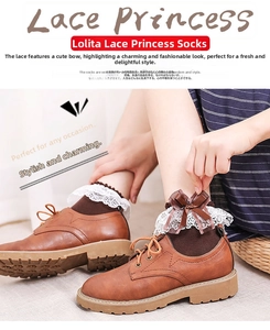Close-up of brown Lolita socks with white lace trim and silk bow on vintage leather shoes