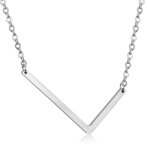Close-up of minimalist V-shaped stainless steel pendant necklace in silver finish