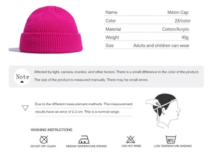 Detailed laundry instructions and size measurements for the pink knit melon cap