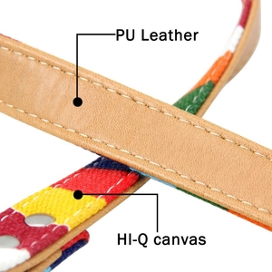Detail of premium brown PU leather and colorful canvas texture on pet collar