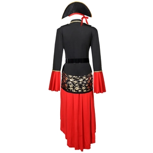Details of the women pirate costume set featuring jacket, skirt, hat and belt for cosplay.