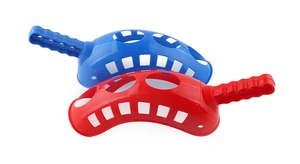 Detail of red and blue large plastic hand-held ejection scoops for ball games