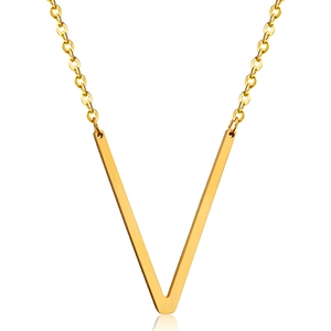 Close-up of 18K gold plated stainless steel necklace featuring a minimalist V-shaped pendant