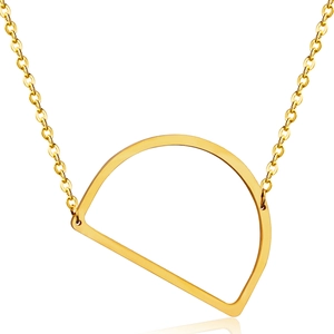 Detailed close-up of 18K gold plated stainless steel semicircular pendant with thin chain