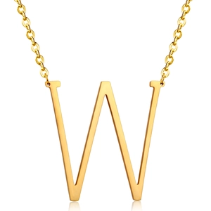 Detailed view of polished 18K gold-plated stainless steel letter W pendant on a thin chain