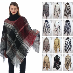 Women's Plaid Turtleneck Poncho Shawl With Tassel Fringe Winter Warm Knitted Checkered Pullover Cloak Cape Wrap