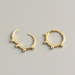 S925 sterling silver gold plated hoop earrings with small beads in minimalist style