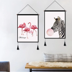Nordic flamingo and zebra fabric wall scrolls with black tassels for home decor