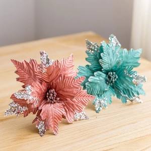 Fiori di Natale da 25 cm in velluto con paillettes rosa e color petrolio per decorazione