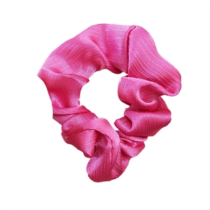 Lustrous rose pink satin hair scrunchie with pleated silk texture for women hairstyles