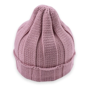 Minimalist kids solid knit beanie in dusty pink with ribbed texture and folded cuff