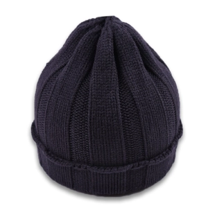 Navy blue ribbed knit beanie for toddlers with warm thick yarn and folded cuff design