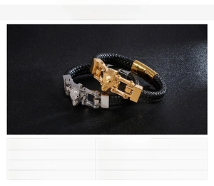 Close-up of woven leather bracelets with detailed stainless steel lion head clasp