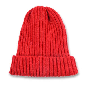 Detail of red knit beanie featuring classic ribbed texture and folded cuff design