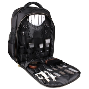 Black professional barber backpack with organized tool storage and interior compartments