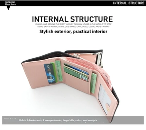 Detailed interior of a short pink tri-fold wallet with six card slots and clear ID window