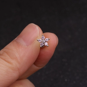 Surgical stainless steel stud earring with pink zircon flower petals and screw back