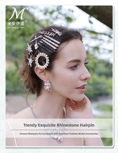 Close-up of sparkling rhinestone hairpins with HELLO and HAPPY letter designs on a model