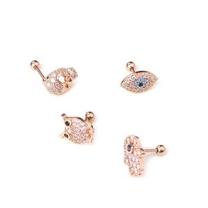 Rose gold stainless steel stud earrings set featuring owl and hamsa hand with zircons