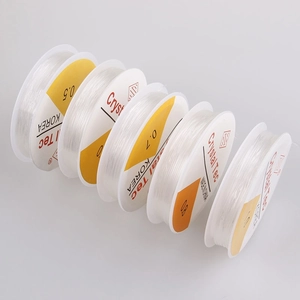 Close-up of clear elastic beading cord rolls in multiple sizes for DIY jewelry making