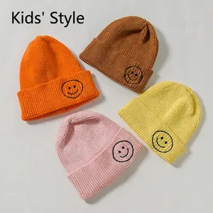Kids Knitted Beanie Hat Warm Winter Core Spun Yarn Acrylic Ribbed Embroidery Smiley Face For Boys And Girls