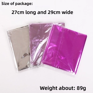Detailed packaging view showing dimensions 27x29cm and 89g weight for foil tablecloths