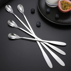 Set of four long-handled stainless steel stirring spoons for coffee and desserts