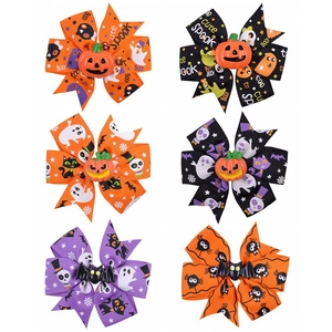 Halloween Bow Hair Clips Polyester Grosgrain Ribbon Alligator Clips Resin Bat Pumpkin Spooky Ghost Festival Headwear For Kids