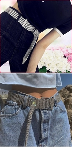Detail view of luxury ten-row crystal rhinestone waist belt styled with casual denim jeans