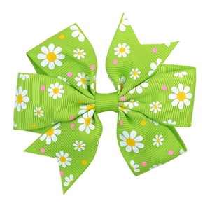 Grass green grosgrain ribbon hair bow with daisy print and colorful dots for girls